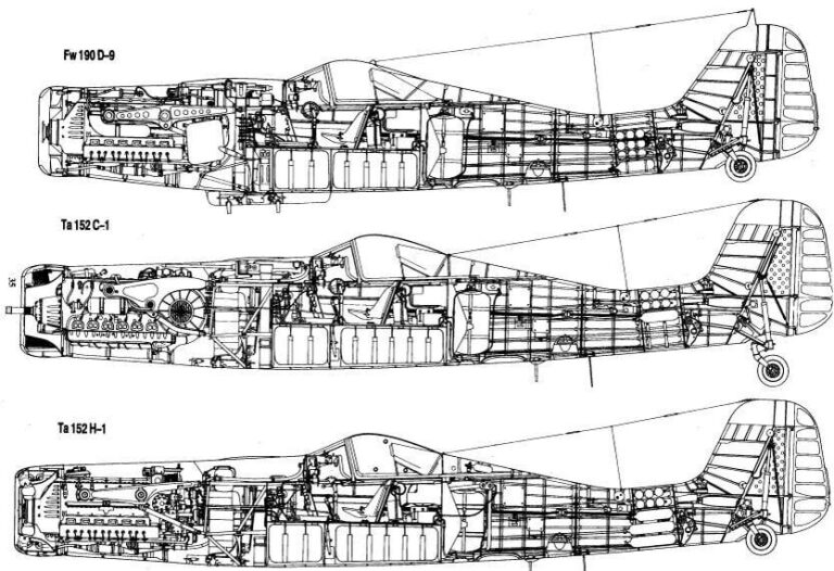 схематичное изображени Fw190D, Ta 152C, Ta 152H. На рисунках виден более поджарый профиль Та, и разница в компоновке