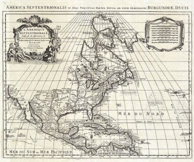 Карты Америки Гийома де Лилля 1708 г. Западное побережье не прорисовано вовсе и осталось "белым пятном", так как у картографа нет детальной информации о нем.