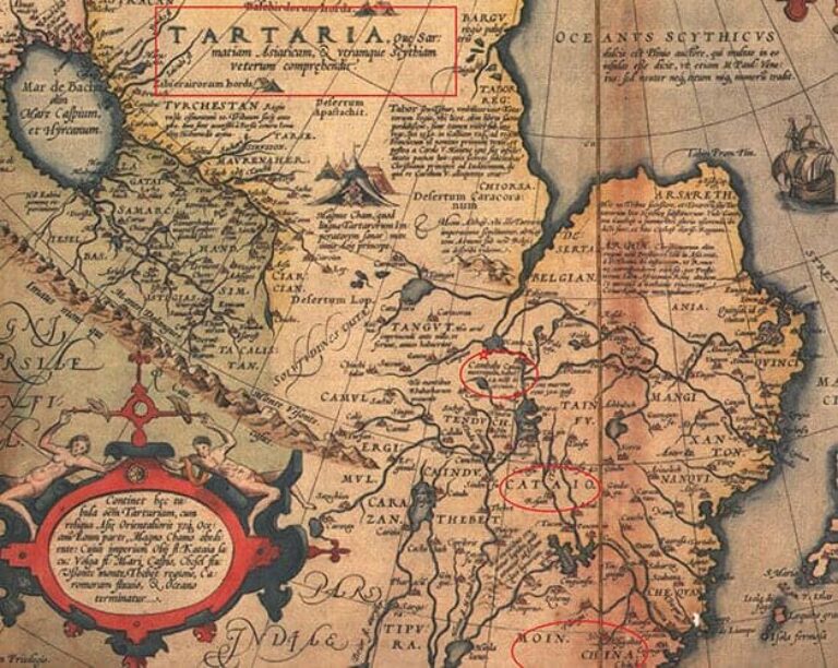 Карта Абрахама Ортулуса 1570, на которой подписано, что Тартария раньше называлась Скифией. Северный Ледовитый океан также подписан как Скифский — на других картах — как Тартарский.