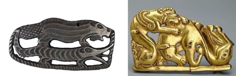 Слева — пример пермского звериного стиля, справа — пример скифского золотого изделия