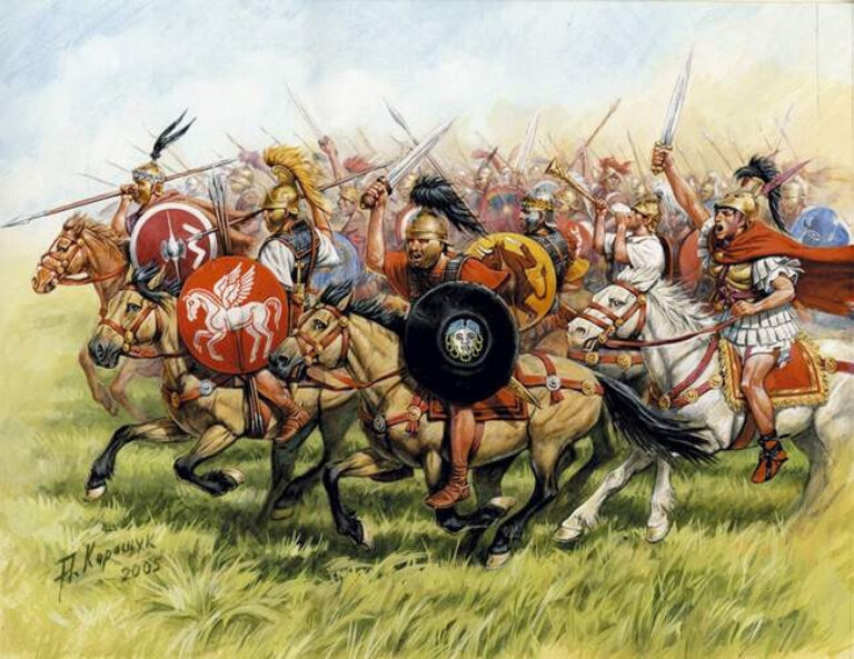 Атака римской кавалерии. В ближнем бою римские всадники превосходили нумидийцев. Рисунок А. Каращука