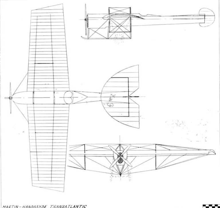 схема самолёта Martin-Handasyde Transatlantic. Длина 13,71 м, размах крыла 19,61 м, площадь крыла 235 м², масса пустого 1089 кг, взлетная масса 2177 кг. Чертеж flyingmachines.ru