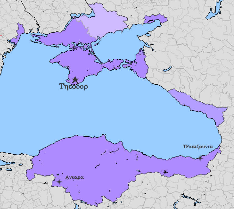 Карта княжества Феодора в конце 15 века. Область на севере закрашенная другим цветом это владения Менгли Герая, который был вассалом Феодоры чисто номинально