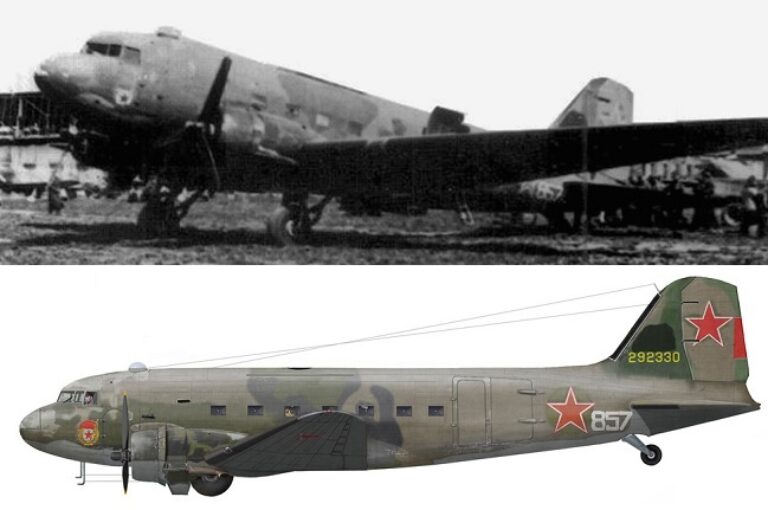 Douglas С-47 из состава 10-ой ГАТД ГВФ (Гвардейской авиа-транспортной дивизии Гражданского Воздушного Флота), 1945 год. С начала ВОВ, самолеты ГВФ сводились в отдельные группы и использовались в боевых действиях.