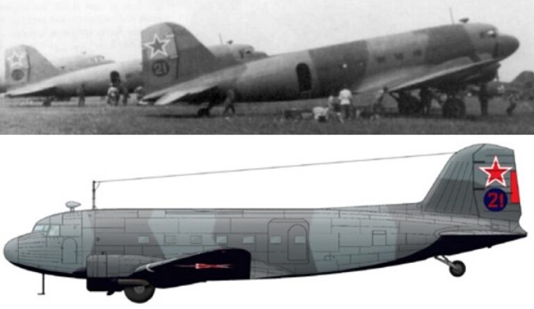 Ли-2 из состава 8-го ТАП, 9 ВА Дальневосточного Фронта. Мукден. 1945 год. Одна эскадрилья полка, занимавшегося перегонкой ленд-лизовских «Дугласов» в СССР, во время скоротечного конфликта снабжала топливом и боеприпасами наступающие войска, а так же практиковала такой местный феномен, как высадка десантов посадочным способом на аэродромы в формальном тылу Квантунской Армии: Харбин, Гирин, Мукден.