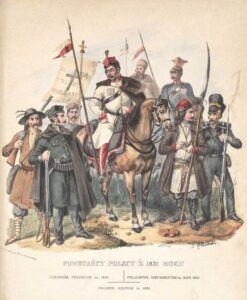 Костюмы польских повстанцев 1831 года. Литография Леона Зенковича. Обратите внимание на черкески и газыри.