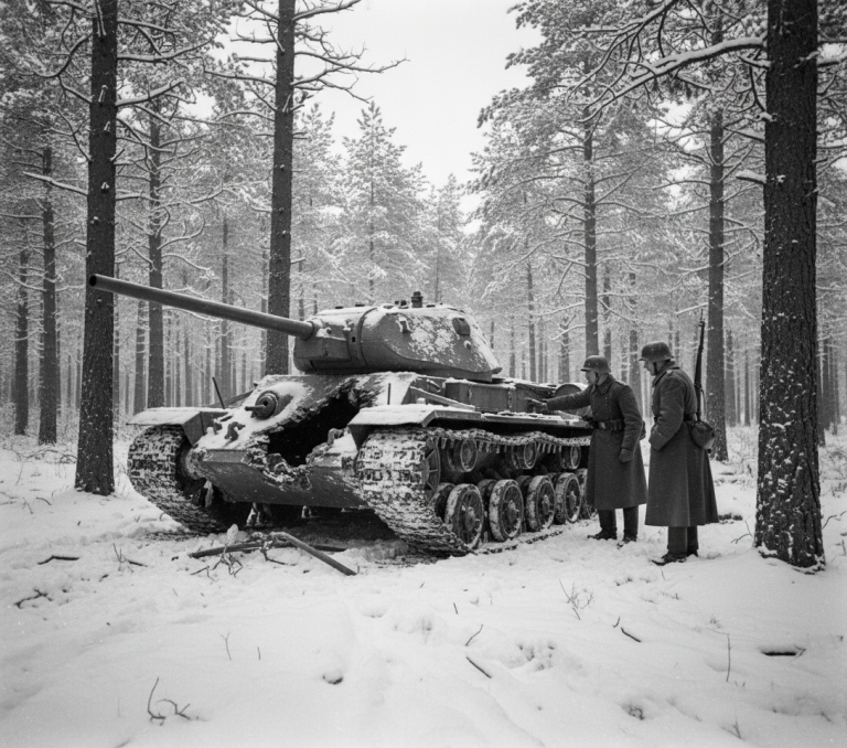 Снимок, сделанный в январе 1943 года в окрестностях Ленинграда. Немецкие солдаты осматривают подбитый КВ-34-57. Что нанесло такие повреждения неизвестно. Скорее всего магнитная мина закреплённая на лобовом листе корпуса 