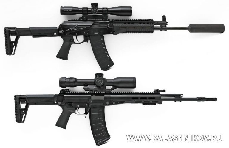 АК-12+, мини-СВЧАвтомат АК-12+ (вверху) с оптическим прицелом и 6-мм экспериментальная мини СВЧ с оптическим прицелом 1П97 в одинаковом масштабе. Фото Михаила Дегтярёва