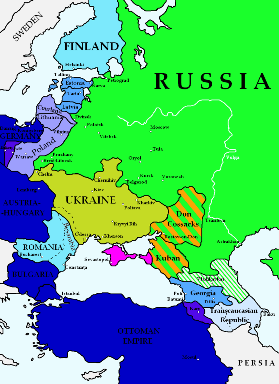 Предполагаемая карта планов Германии по установлению нового политического порядка в Центральной и Восточной Европе после Брест-Литовского мирного договора от 9 февраля 1918 г., Брест-Литовского мирного договора от 3 марта 1918 г. и Бухарестского мирного договора от 7 мая 1918 г.