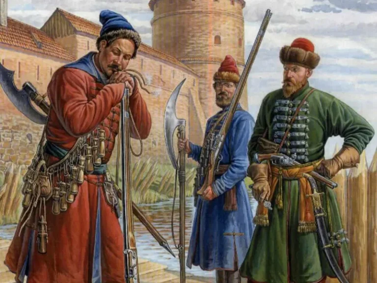 Русские стрельцы вооружены пищалями, бердышами и саблями.