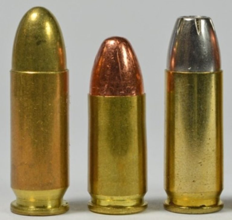 Слева направо: 9×23mm Largo, 9×19mm Parabellum, 9×23mm Winchester.