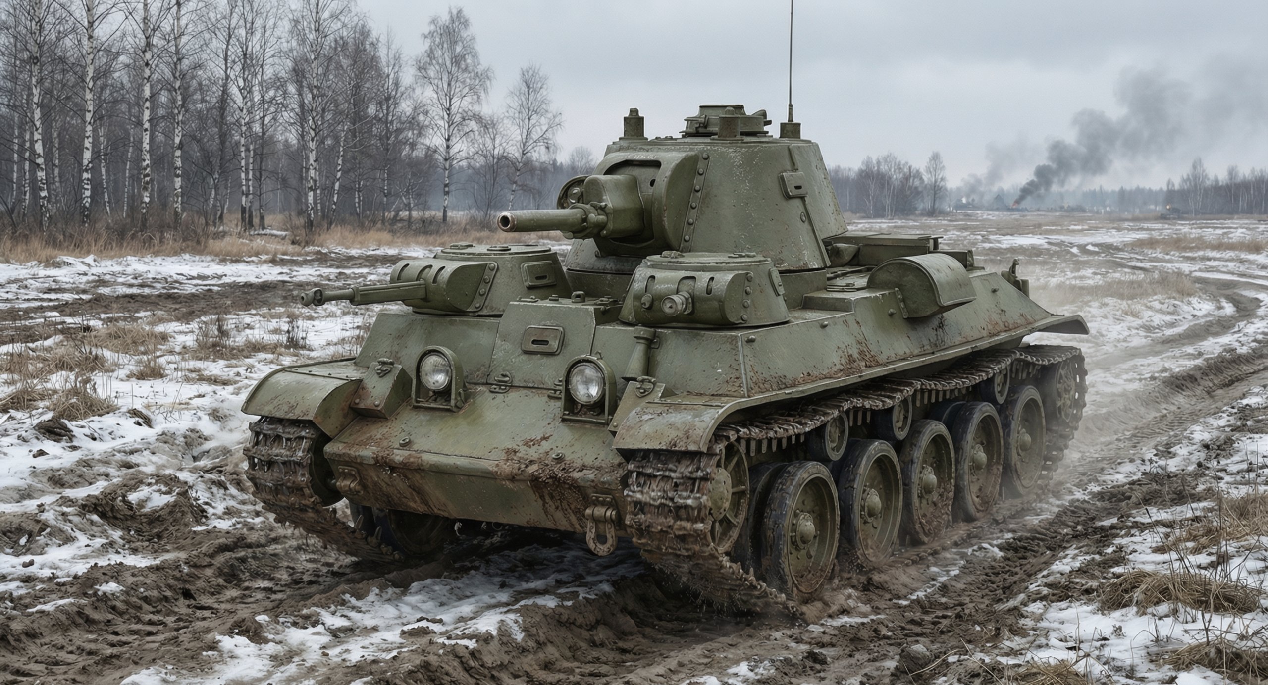гипотетический вариант боевого применения танка Т-29ЦН. Изображение сгенерировано сайтом lmarena.ai