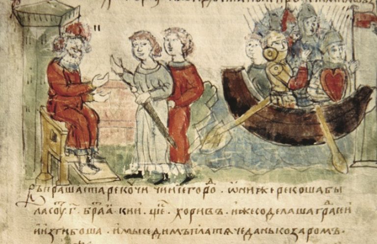 Аскольд и Дир отправляются на юг. Миниатюра Радзивилловской летописи.