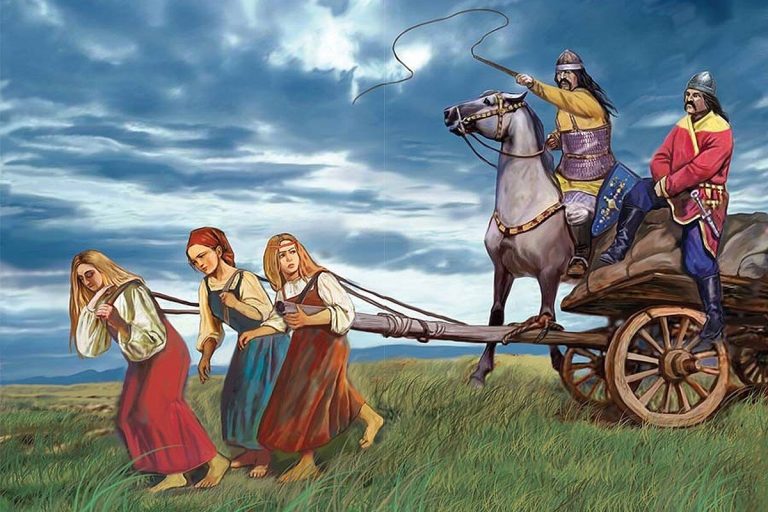 Авары едут на телеге, запряжённой славянскими женщинами.