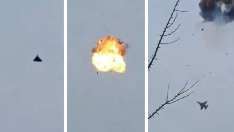 Перехват дрона истребителем F-16. На исходном видео можно было видеть, что истребитель пролетает мимо облака взрыва спустя буквально пару секунд, то есть дальность открытия огня была очень мала