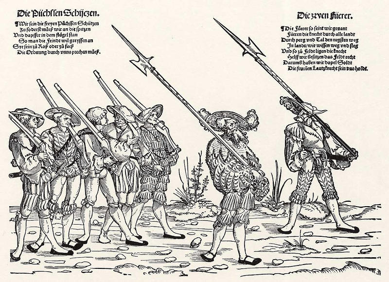 Ландскнехты-стрелки из цикла гравюр «Поход ландскнехтов» Эрхарда Шёна (около 1535 года). Примерно так мог выглядеть богемский контингент в польском войске под Обертином. Zeno