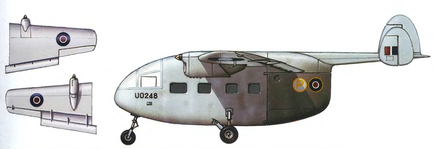 прототип транспортного самолета Miles M.57 Aerovan в том виде, когда за исключением створок грузового отсека, оставшихся в цвете серой грунтовки, был полностью выкрашен алюминиевой краской. На поверхностях крыла и на бортах фюзеляжа самолет нес опознавательные знаки Королевских ВВС. На фюзеляже слева от опознавательного знака самолет нес знак прототипа: литеру P в желтом круге. В передней части фюзеляжа нанесен заводской номер U0248 черного цвета