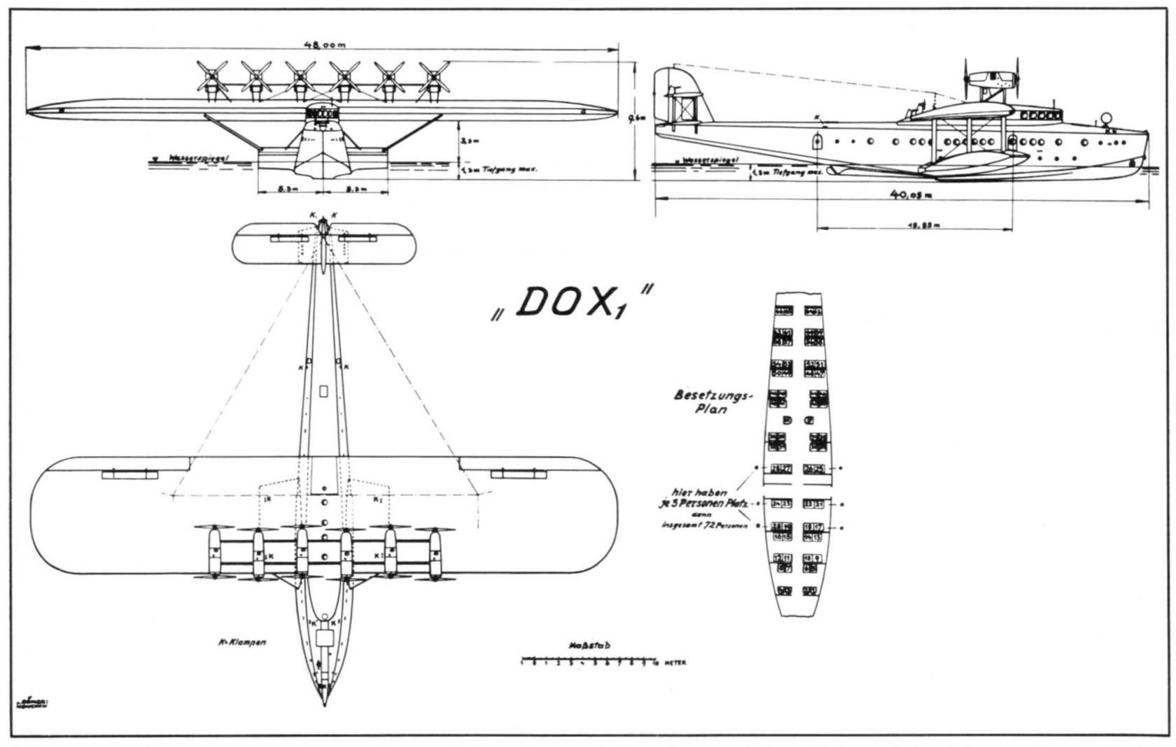 схема гигантской летающей лодки Dornier Do X. Основные характеристики: размах крыла 48,0 м; длина 40,0 м; высота 10,1 м; площадь крыла 450 м²; масса пустого самолета 33000 кг; масса полезной нагрузки 23000 кг; максимальная скорость 210 км/ч; крейсерская. скорость 175 км/ч; практический потолок 210 м. Силовая установка – двенадцать двигателей Curtiss Conqueror мощностью по 459 кВт (616 л.с.) каждый. Схема alternathistory.ru