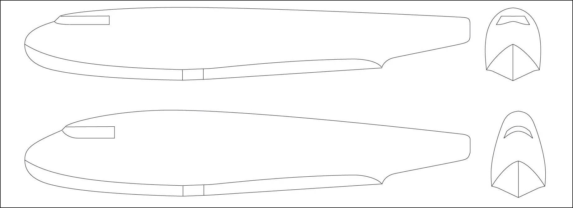 первоначальные модели корпуса летающей лодки Type 328, испытанные в аэродинамической трубе: модель «A» (вверху) и модель «D» (внизу). Ни одна из них не была использовала в окончательной компоновке корпуса летающей лодки