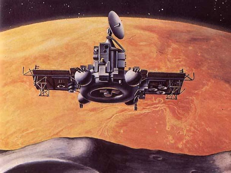 Автоматическая межпланетная станция «Фобос» (1Ф) над Фобосом. Иллюстрация А. Мейстера из книги Ю. Маркова «Курс на Марс» (1989)