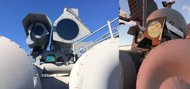 Крупный план улучшенных камер системы Stalker Long-Range Electro-Optical Infrared Laser Sensor System (SLREOSS), установленных на радарах Mk 95. Ball Aerospace
