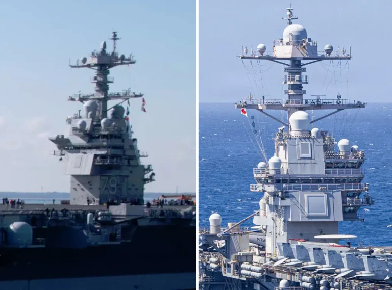 Сравнение островов будущего USS «John F. Kennedy» (слева) и USS «Gerald R. Ford» (справа). HII/USN