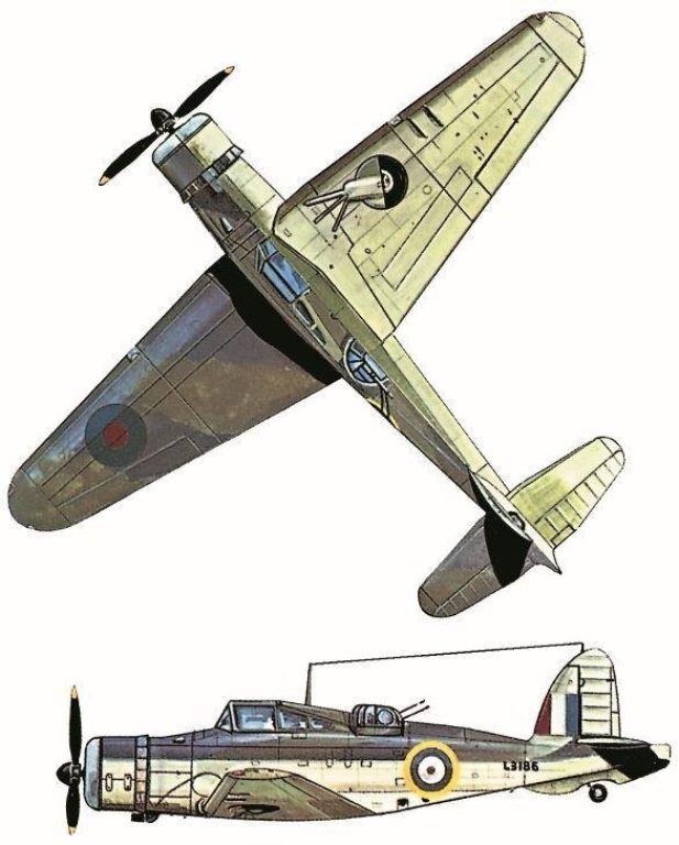 Самолет "Блэкберн Рок", 801-я эскадрилья Королевских ВВС, июнь 1940 года. Двигатель: радиальный "Bristol Perseus XII" мощностью 905 лошадиных сил. Размах крыла: 14,02 м (46 футов). Длина: 10,85 м (35 футов 7 дюймов). Высота: 3,68 м (12 футов 1 дюйм). Взлетный вес: 3992 кг (8800 фунтов). Максимальная скорость: 315 км/ч (196 миль/ч) на высоте 1981 м (650 футов). Практический потолок: 4633 м (15200 футов). Дальность полета: 982 км (610 миль). Вооружение: четыре 0,303-дюймовых пулемета "Браунинг"; четыре 13,6-кг (30 фунтов) бомбы.