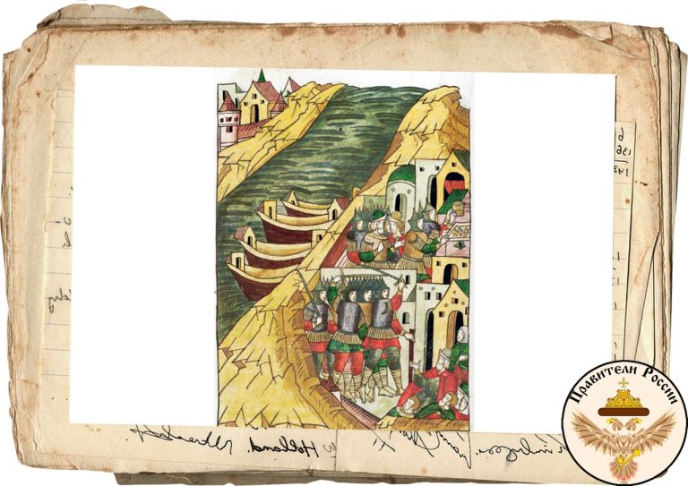 Лицевой летописный свод. Ушкуйники захватывают Кострому (1375 год), «Великого Новаграда разбойницы, 70 ушкуев, пришедше взяша Кострому град разбоем»