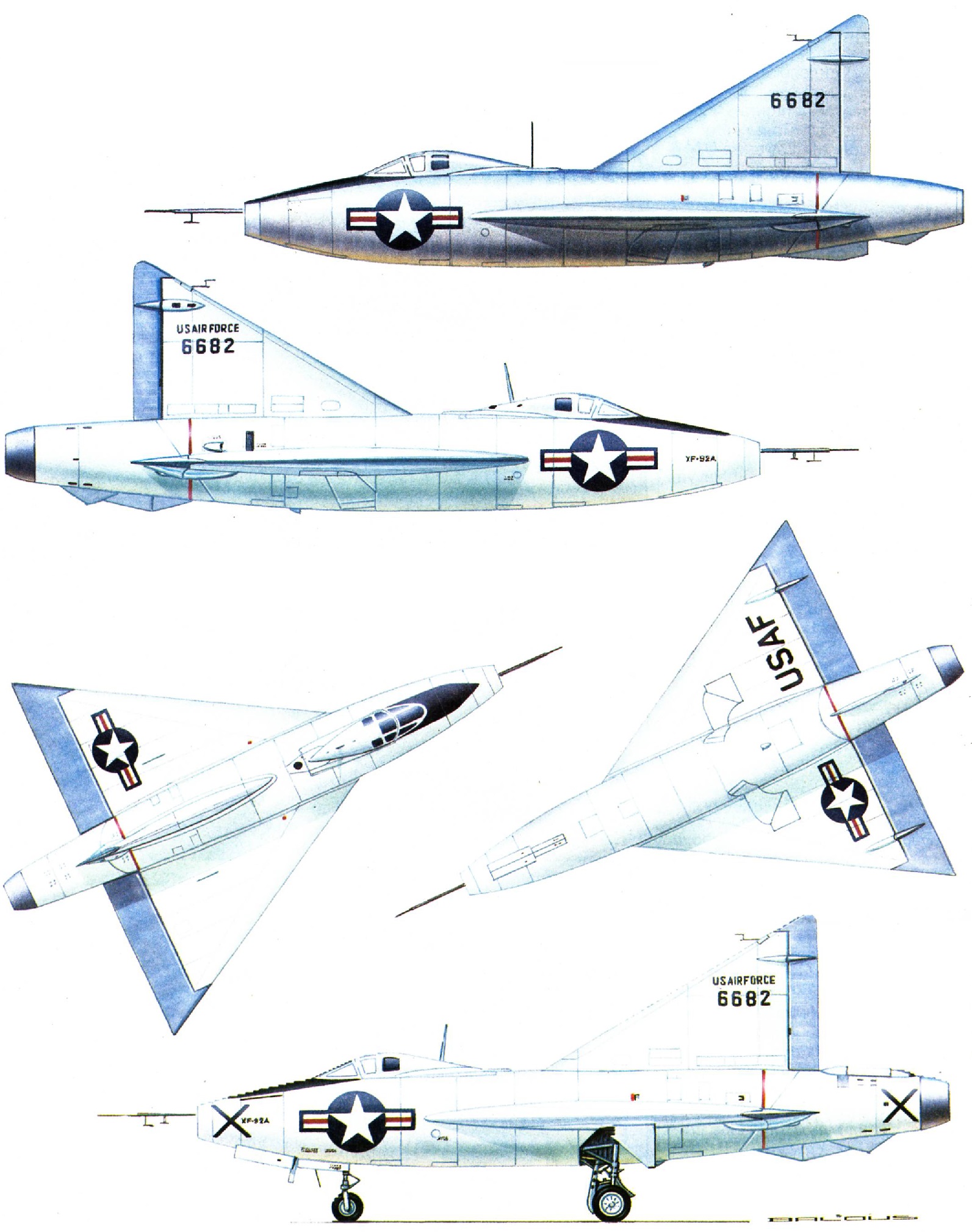 сверху: первоначальный внешний вид прототипа Convair XF-92A, когда он проходил испытания без установленной форсажной камеры. Самолет был оставлен неокрашенным в цветах алькледа и магниевых сплавов. Опознавательные знаки были нанесены на переднюю часть фюзеляжа и на поверхности крыла (крыльевые опознавательные знаки были расположены обычным способом – на левой консоли сверху и правой консоли снизу). Перед кабиной была нанесена черная антибликовая полоса, а на киль был нанесен сокращенный серийный номер 6682. Других опознавательных знаков, за исключением небольших технических надписей и красной полосы поперек фюзеляжа в месте расположения газотурбинного двигателя, самолет не нес; внизу: вид сбоку показывает XF-92A уже почти полностью выкрашенным в белый цвет, исключение составляют элевоны и руль направления. Самолет уе оснащен форсажной камерой. На киль нанесена надпись «U S AIR FORCE», а на нижнюю поверхность левой консоли крыла – надпись «USAF». В передней части фюзеляжа перед опознавательным знаком была нанесена надпись «XF-92A». В самом низу рисунка показан боковой вид XF-92A в его окончательном виде, когда на передней и задней части фюзеляжа были нанесены черные косые кресты. Также обращают на себя внимание другое расположение стержневой антенны за кабиной пилота и дополнительные датчики на приемнике воздушного давления в носовой части. Внутреннее пространство воздухозаборника было выкрашено в красный цвет, ниши шасси остались неокрашенными
