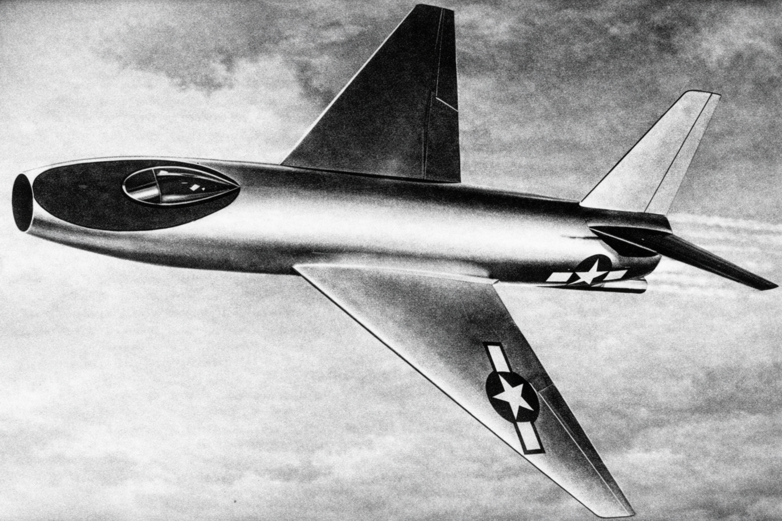 снимок модели самого раннего варианта перехватчика XP-92, который должен был иметь прямоточный воздушно-реактивный двигатель, стреловидное крыло и V-образное хвостовое оперение