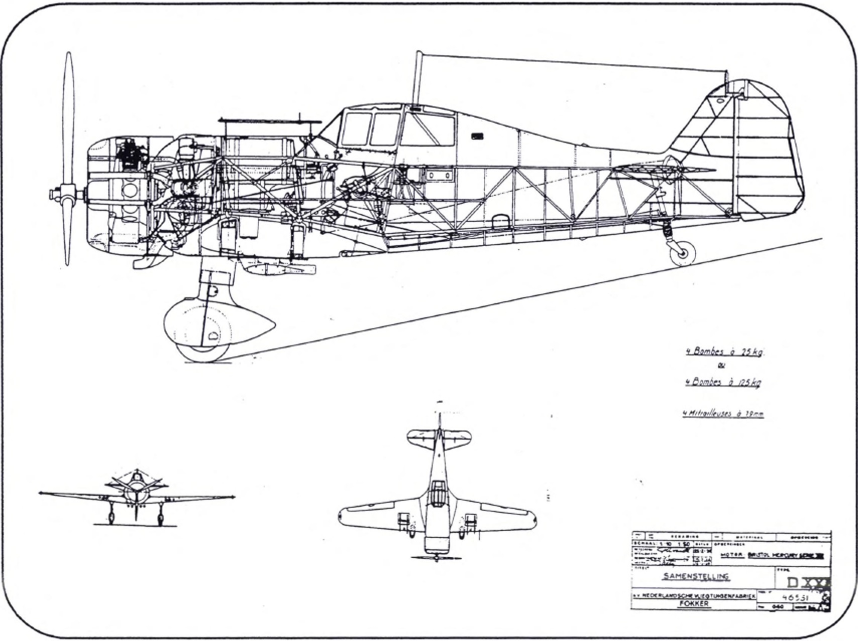 чертежи варианта истребителя Fokker D.XXI, модифицированного для использования во французских колониях в качестве легкого бомбардировщика