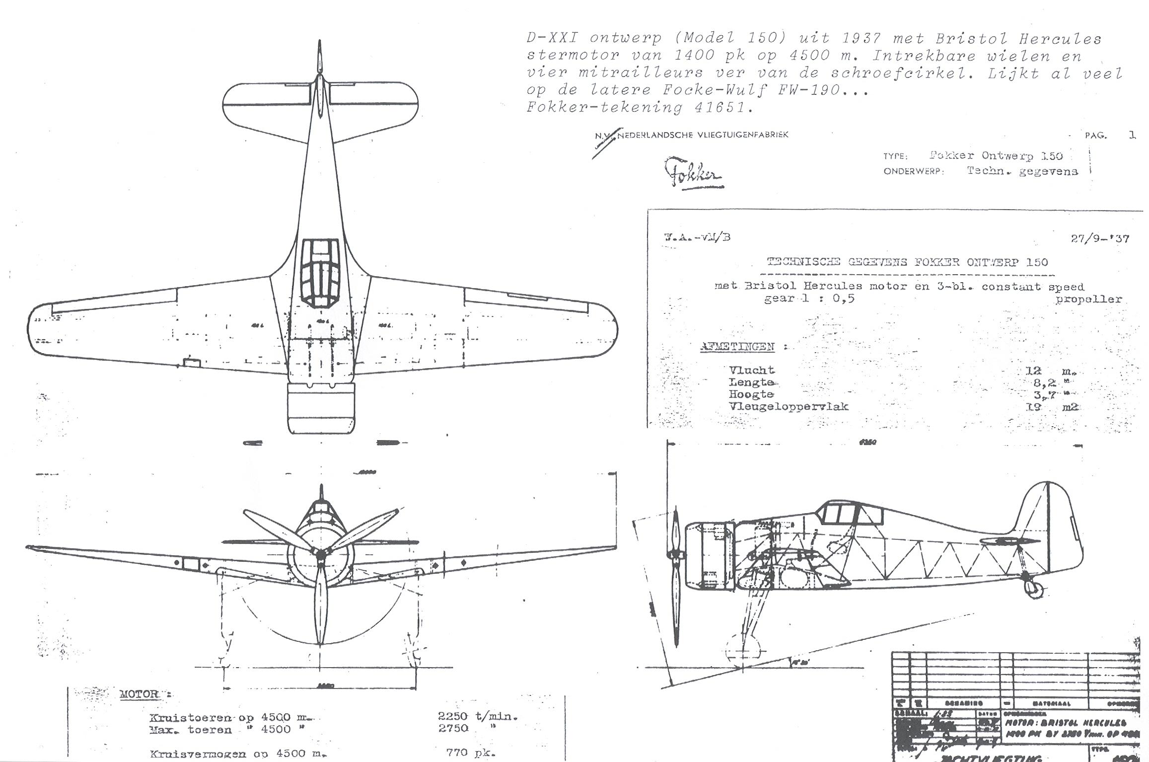 чертежи варианта истребителя Fokker D.XXI с убирающимися основными стойками шасси. Чертеж с сайта secretprojects.co.uk