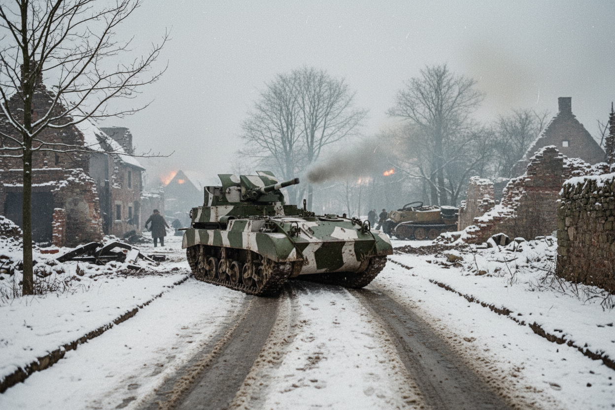 гипотетическое боевое применение 40 mm twin gun motor carriage T65. Изображение сгенерировано сайтом lmarena.ai
