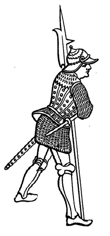 Английский бильмен (алебардщик), конец XV века. Источник: Millar, G.J. Tudor Mercenaries and Auxiliaries, 1485-1547 / G.J. Millar. — Charlottesville, 1980. — Plates between pp. 64 and 65