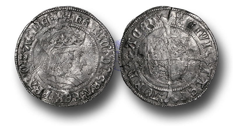 Серебряный грош Генриха VIII, отчеканенный в Турне, 1513-1518 годы. Вес 2,78 г. Надпись на аверсе: Генрих, Божьей милостью король Франции и Англии. Надпись на реверсе: Город Турне. yorkcoins.com