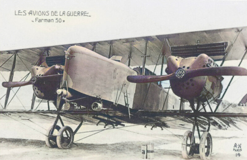 Почтовая открытка с изображением бомбардировщика Farman F.50. Видны посадочные фары, привод генератора и бомбодержатели под фюзеляжем