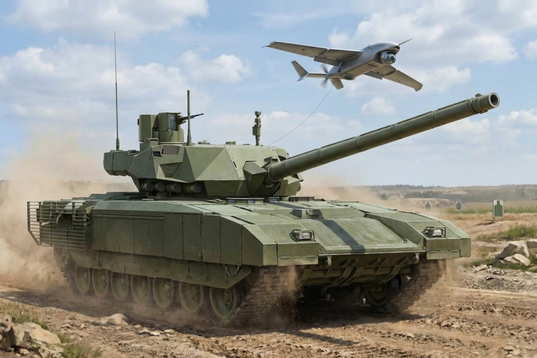 Т-14 «Армата» с разведывательным беспилотником над машиной
