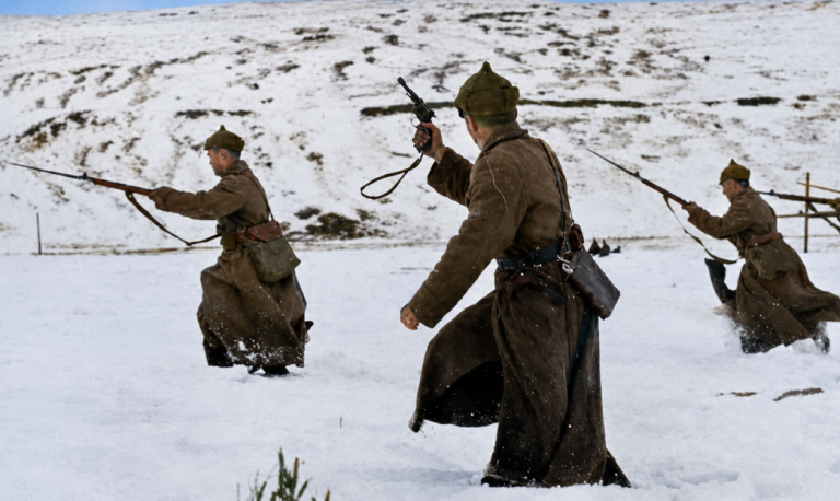 Атака красноармейцев в будёновках. В центре — командир с наганом (M1895)