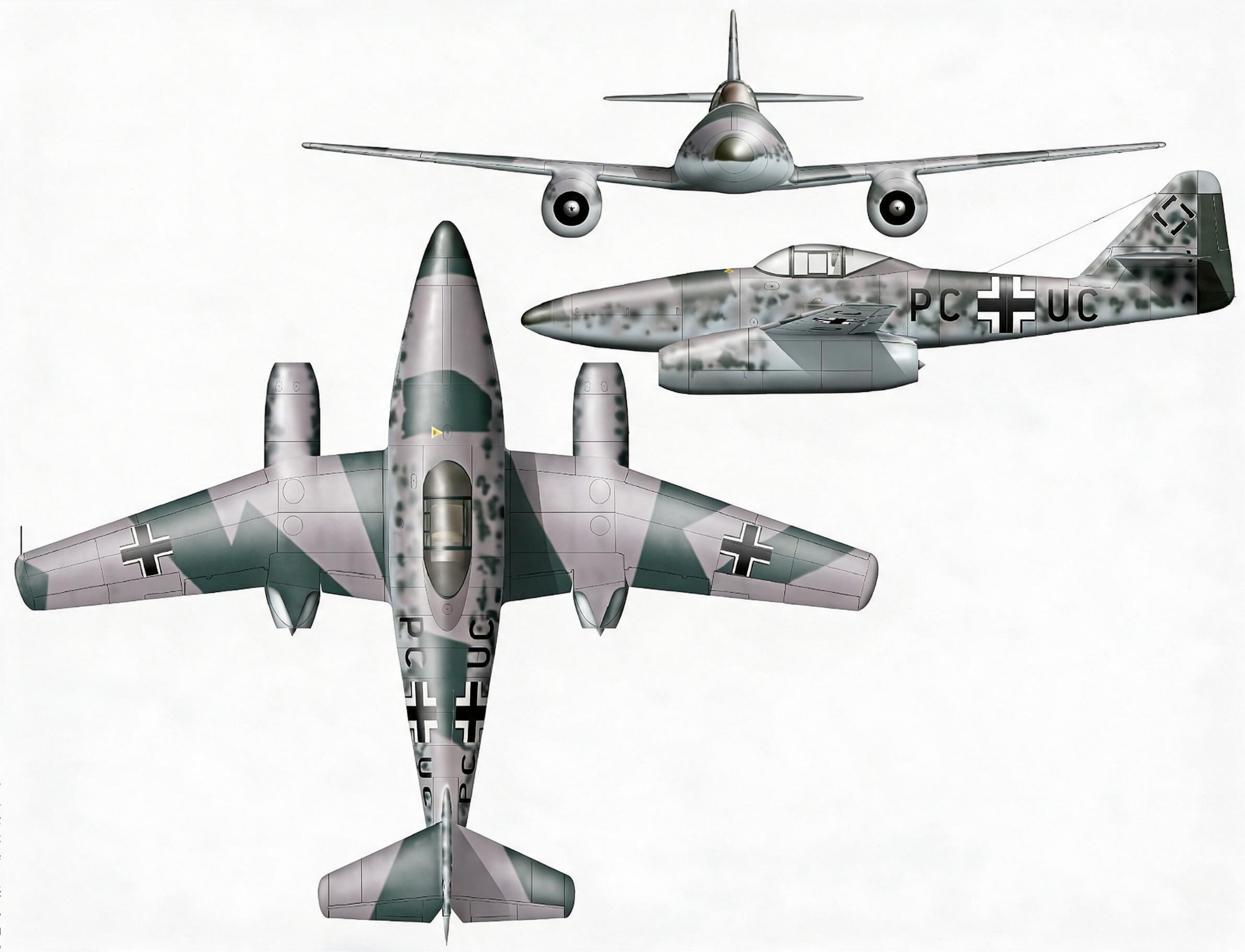 третий прототип Messerschmitt Me 262 V3 в июле 1942 года. Он был окрашен в типичный для истребителей камуфляж, цвета которого были утверждены RLM. Рисунок Герберта Ринглштеттера для сайта aviaticus.com. Изображение обработано сайтом lmarena.ai