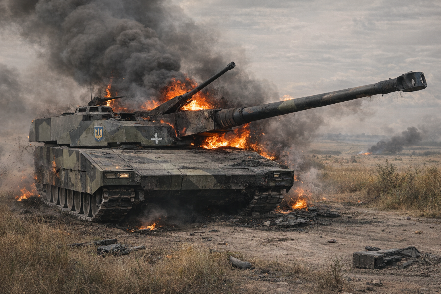 рисунок гипотетического боевого применения основного боевого танка Strv 2000 в ходе украинского контрнаступа в 2023 году. Изображение сгенерировано сайтом lmarena.ai